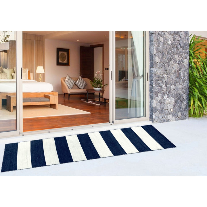 Liora Manne Sorrento Rugby Stripe Area Rug Navy Indoor Outdoor 5x8 Hand Woven Image 1