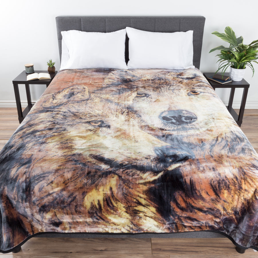 Full Queen Size Luxury Mink Fuzzy Blanket Wolf Pair Super Soft 74 x 91 Inch 7.5 lbs Image 1