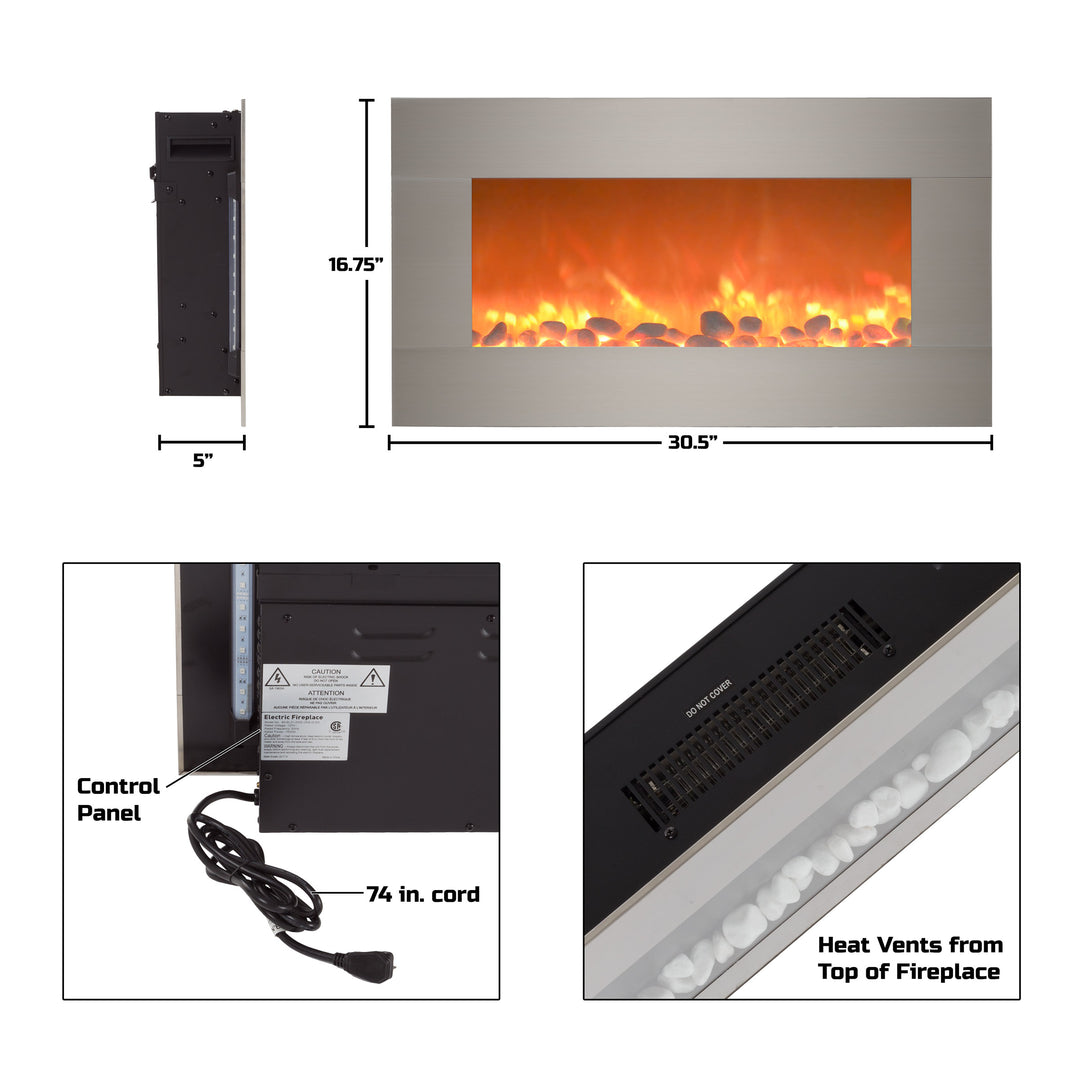 Electric Fireplace Wall Mounted Adjustable Heat Remote Brushed Silver W Timer 30.5 Inch Image 2