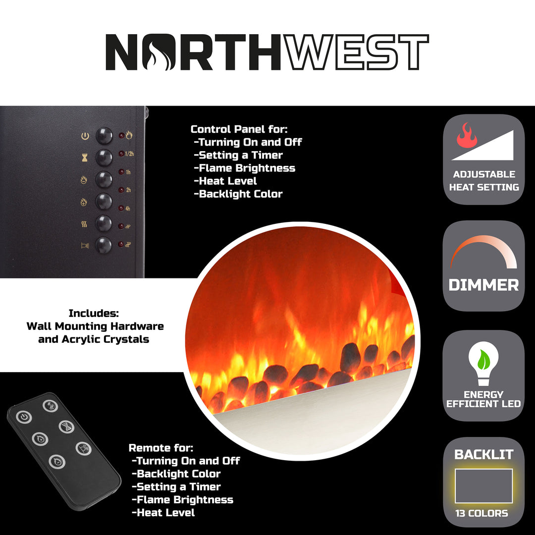 Electric Fireplace Wall Mounted Adjustable Heat Remote Brushed Silver W Timer 30.5 Inch Image 4