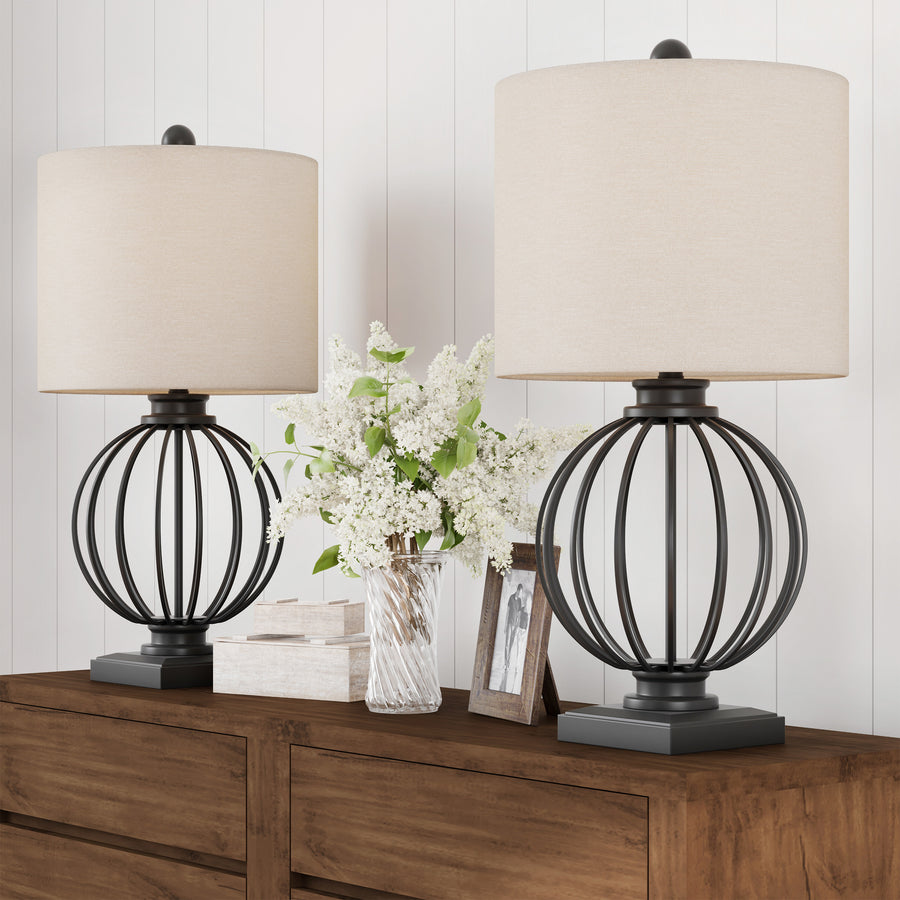 Table Lamps-Set of 2 Wrought Iron Open Cage Orb Lights, Bulbs and Linen Shades Included-Modern Rustic Image 1
