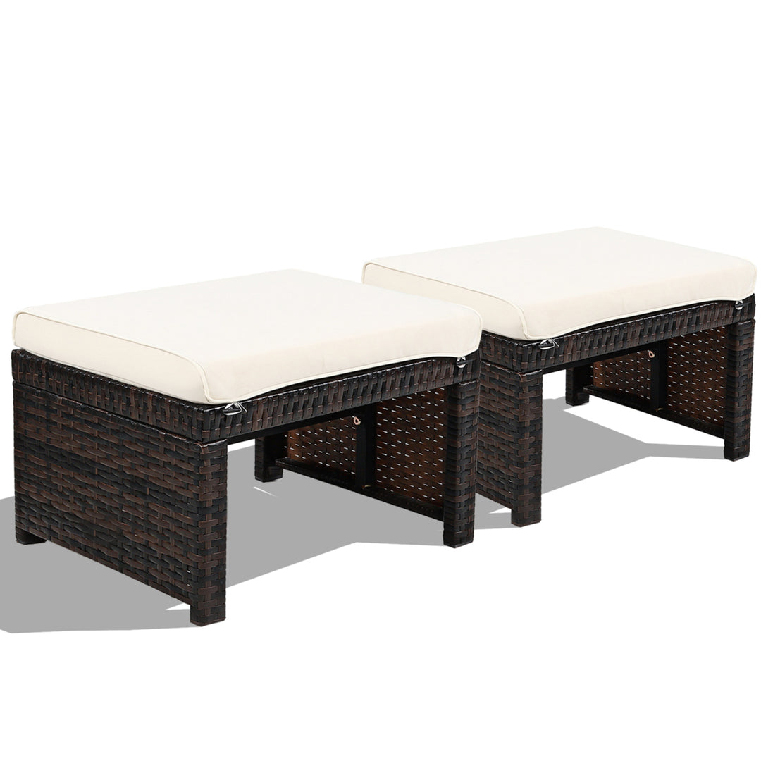 Set of 2 Rattan Ottoman Footrest Footstool Patio Furniture w/ Cushion Image 1