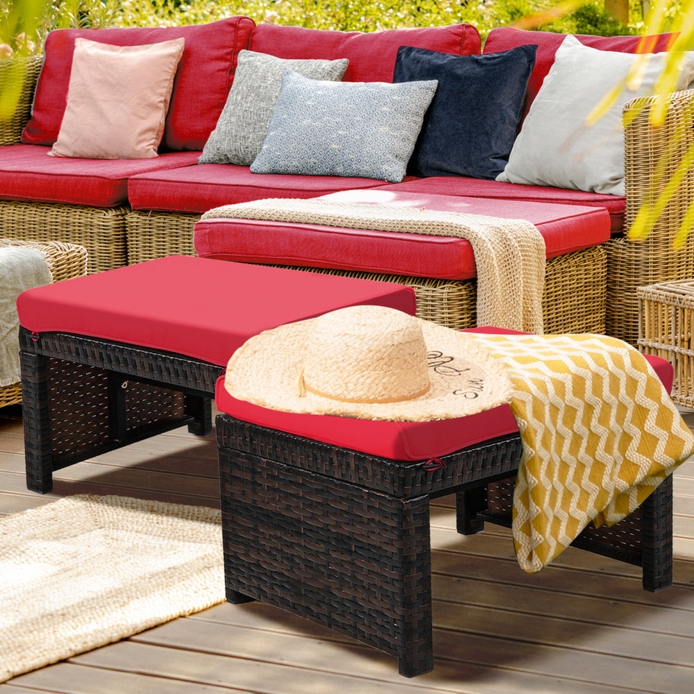 Set of 2 Rattan Ottoman Footrest Footstool Patio Furniture w/ Cushion Image 2