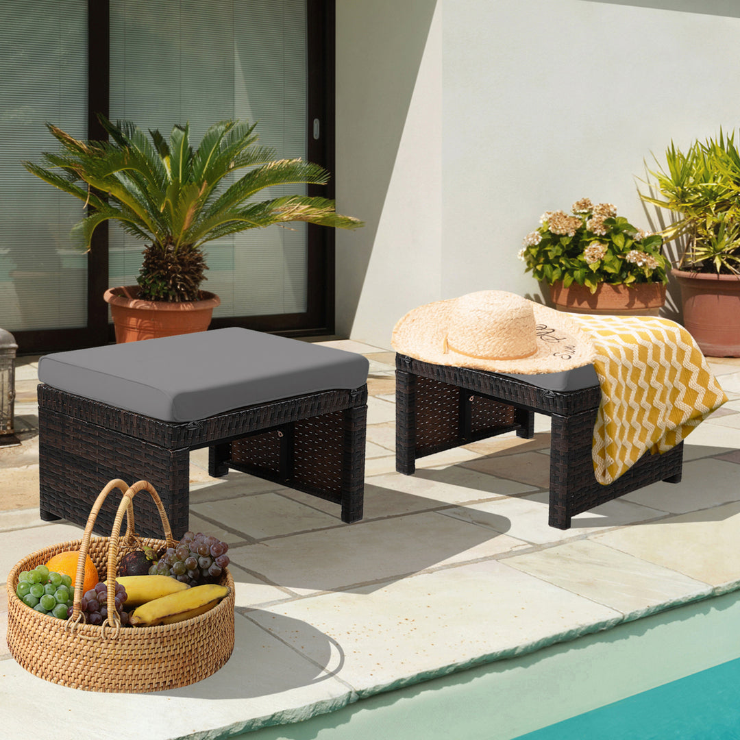 Set of 2 Rattan Ottoman Footrest Footstool Patio Furniture w/ Cushion Image 3