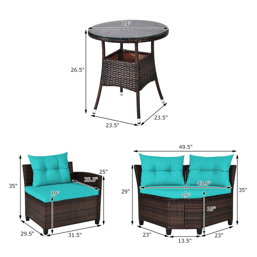 4PCS Patio Furniture Set Outdoor Rattan Sectional Sofa Set w/ Turquoise Cushions Image 5