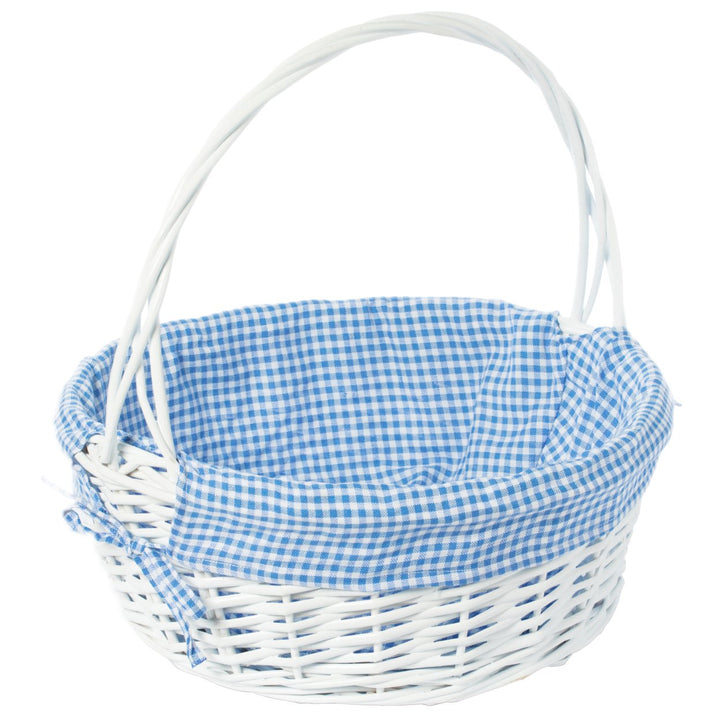 White Round Willow Gift Basket with Gingham Liner Handles Large Medium Small Image 3