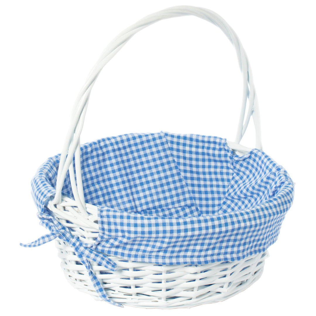 White Round Willow Gift Basket with Gingham Liner Handles Large Medium Small Image 4