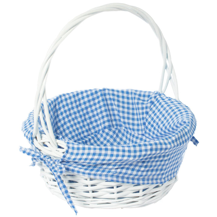 White Round Willow Gift Basket with Gingham Liner Handles Large Medium Small Image 5