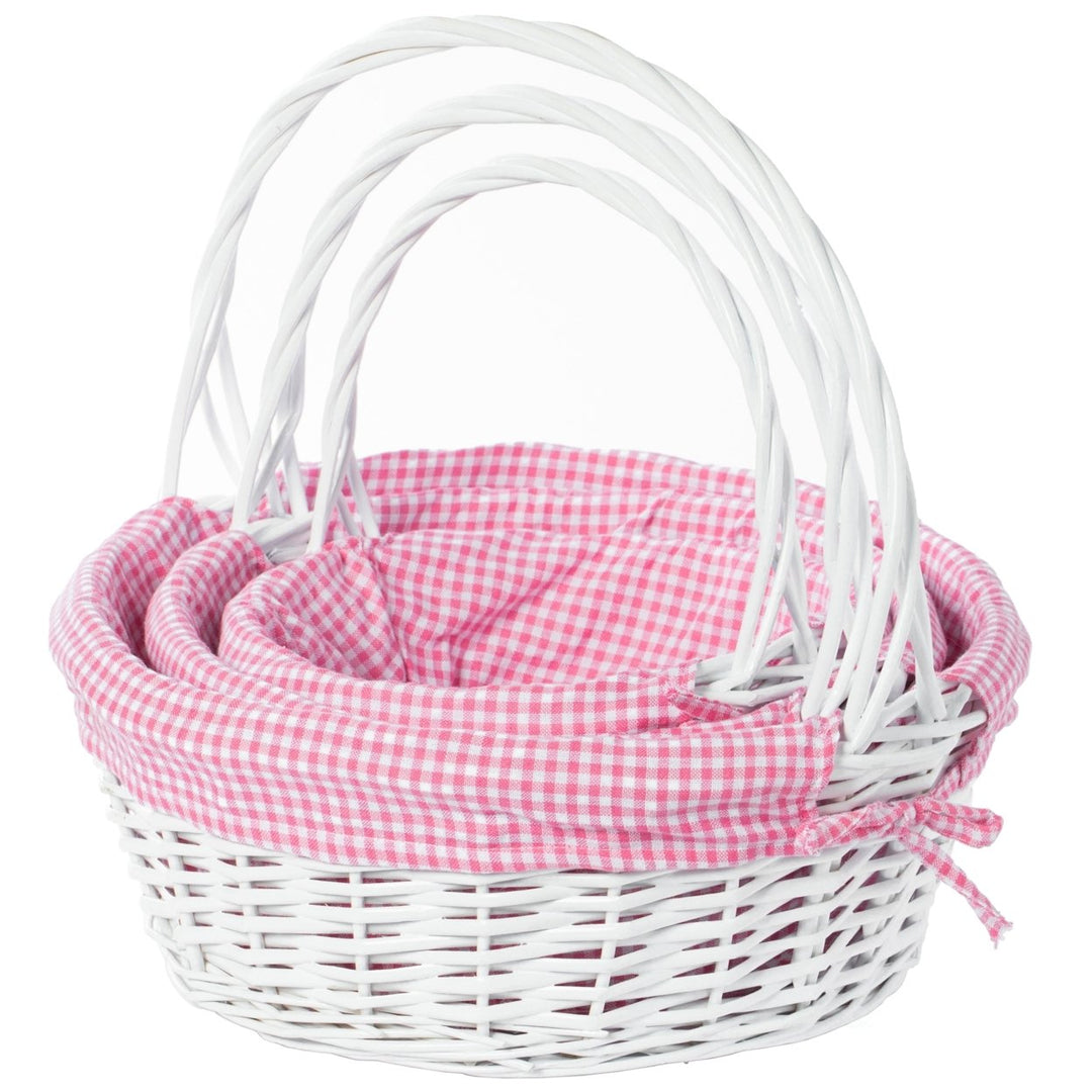 White Round Willow Gift Basket with Gingham Liner Handles Large Medium Small Image 6