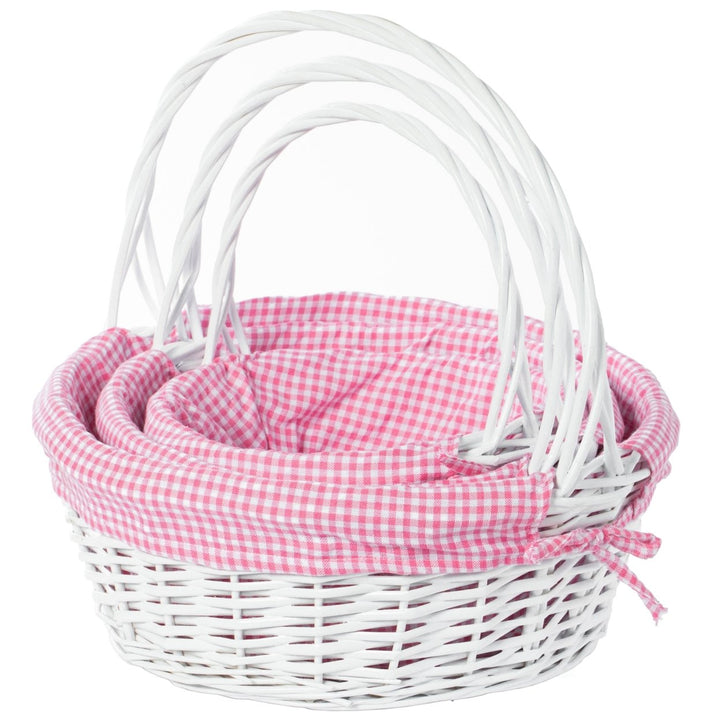 White Round Willow Gift Basket with Gingham Liner Handles Large Medium Small Image 1