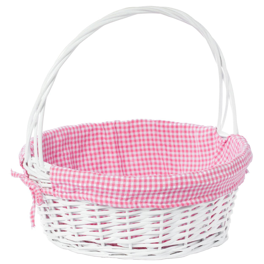 White Round Willow Gift Basket with Gingham Liner Handles Large Medium Small Image 7