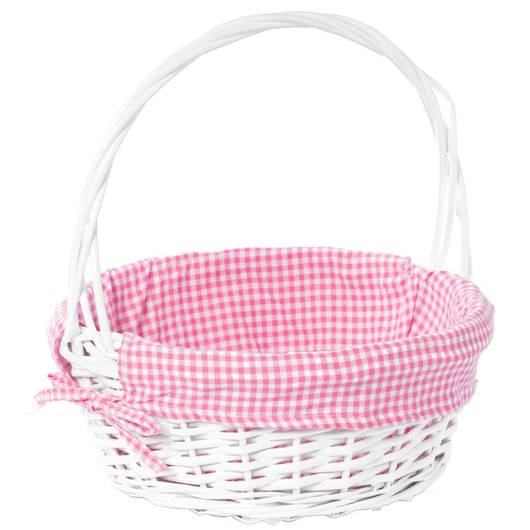 White Round Willow Gift Basket with Gingham Liner Handles Large Medium Small Image 8