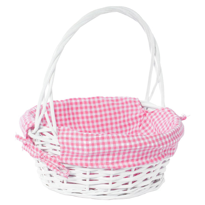 White Round Willow Gift Basket with Gingham Liner Handles Large Medium Small Image 9