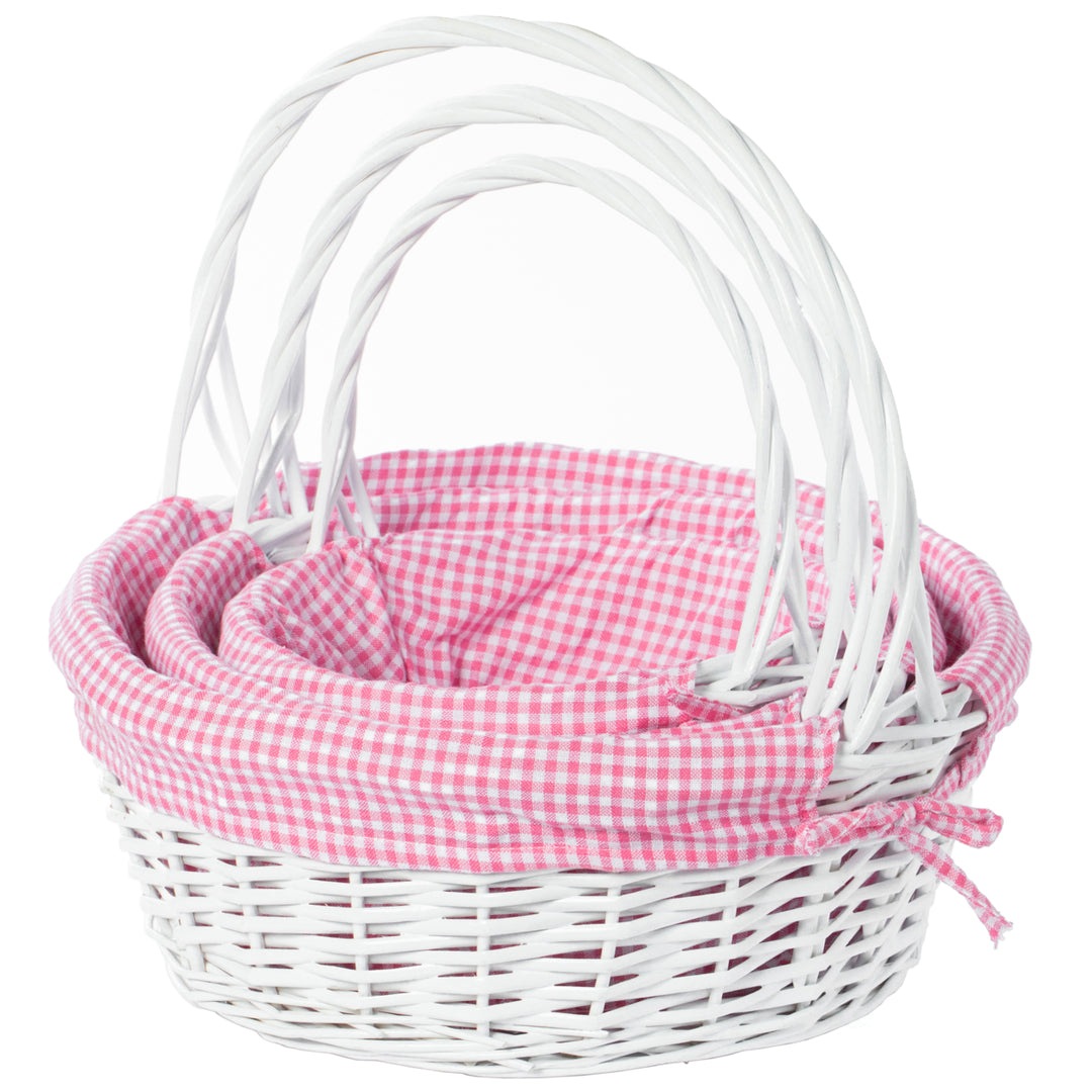 White Round Willow Gift Basket with Gingham Liner Handles Large Medium Small Image 10