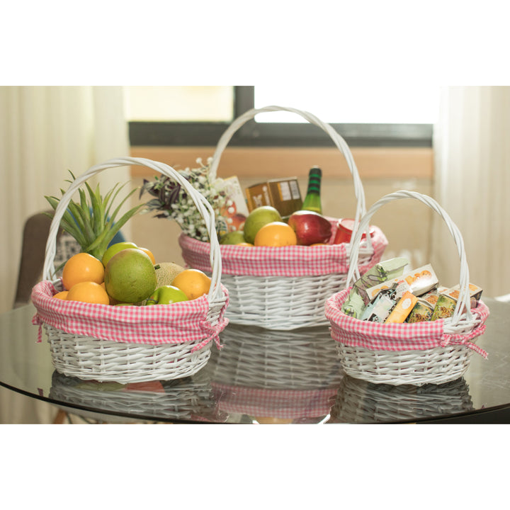 White Round Willow Gift Basket with Gingham Liner Handles Large Medium Small Image 12