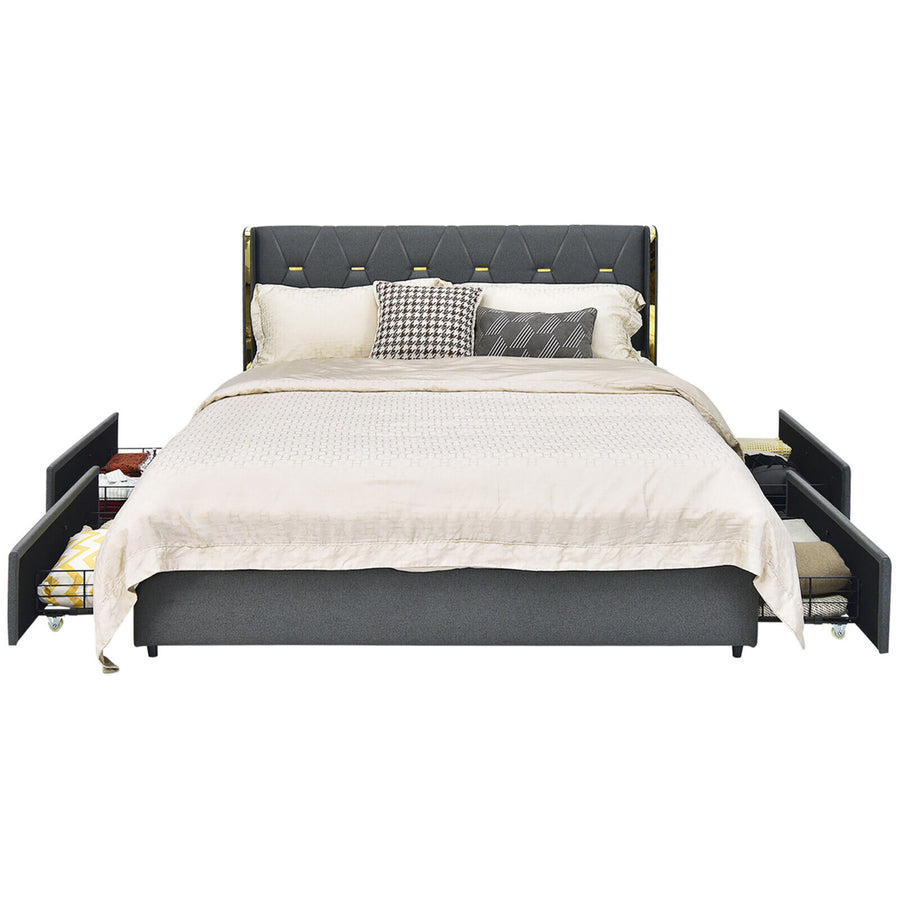 Gymax Full Upholstered Bed Frame w/ 4 Rolling Drawers and High Headboard and Legs Grey Image 1