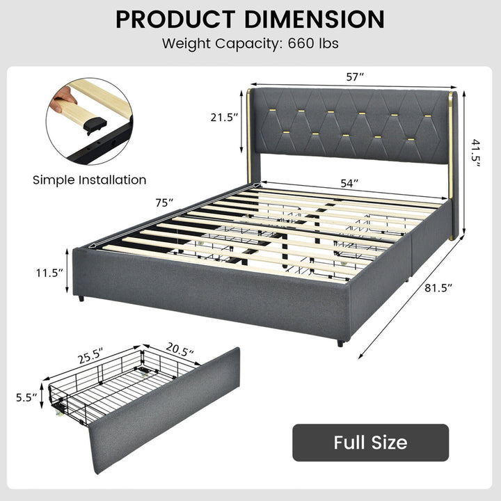 Gymax Full Upholstered Bed Frame w/ 4 Rolling Drawers and High Headboard and Legs Grey Image 2