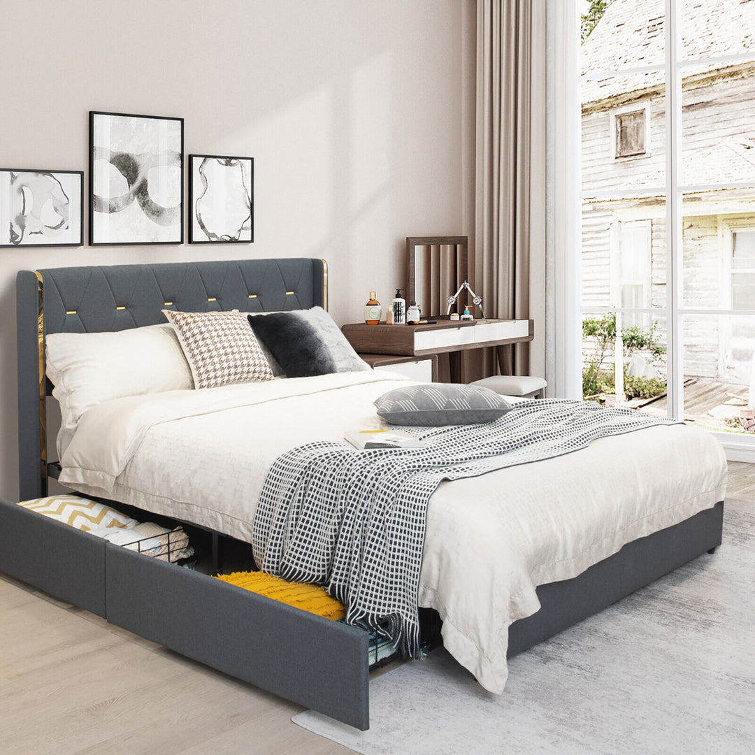 Gymax Full Upholstered Bed Frame w/ 4 Rolling Drawers and High Headboard and Legs Grey Image 3