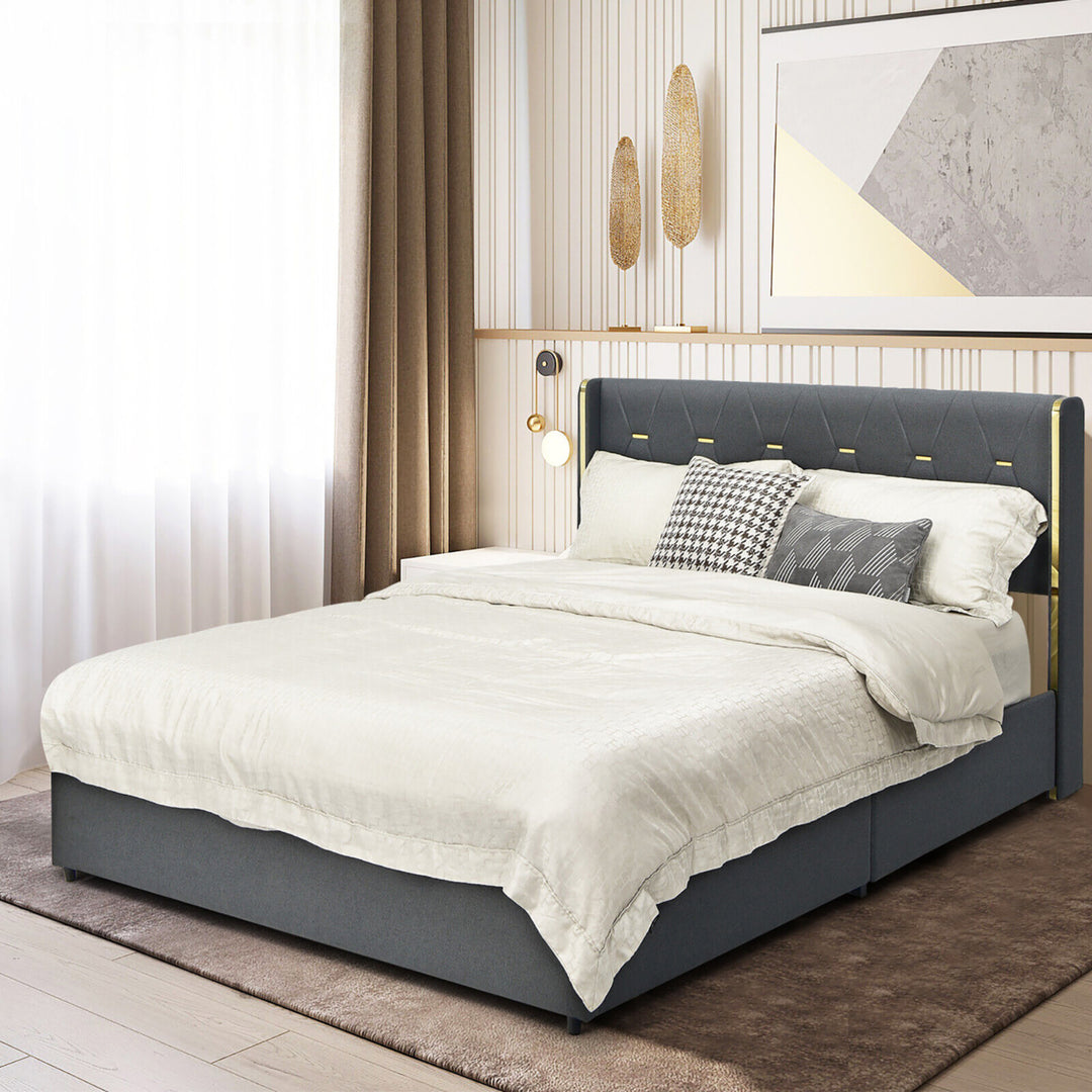 Gymax Full Upholstered Bed Frame w/ 4 Rolling Drawers and High Headboard and Legs Grey Image 4