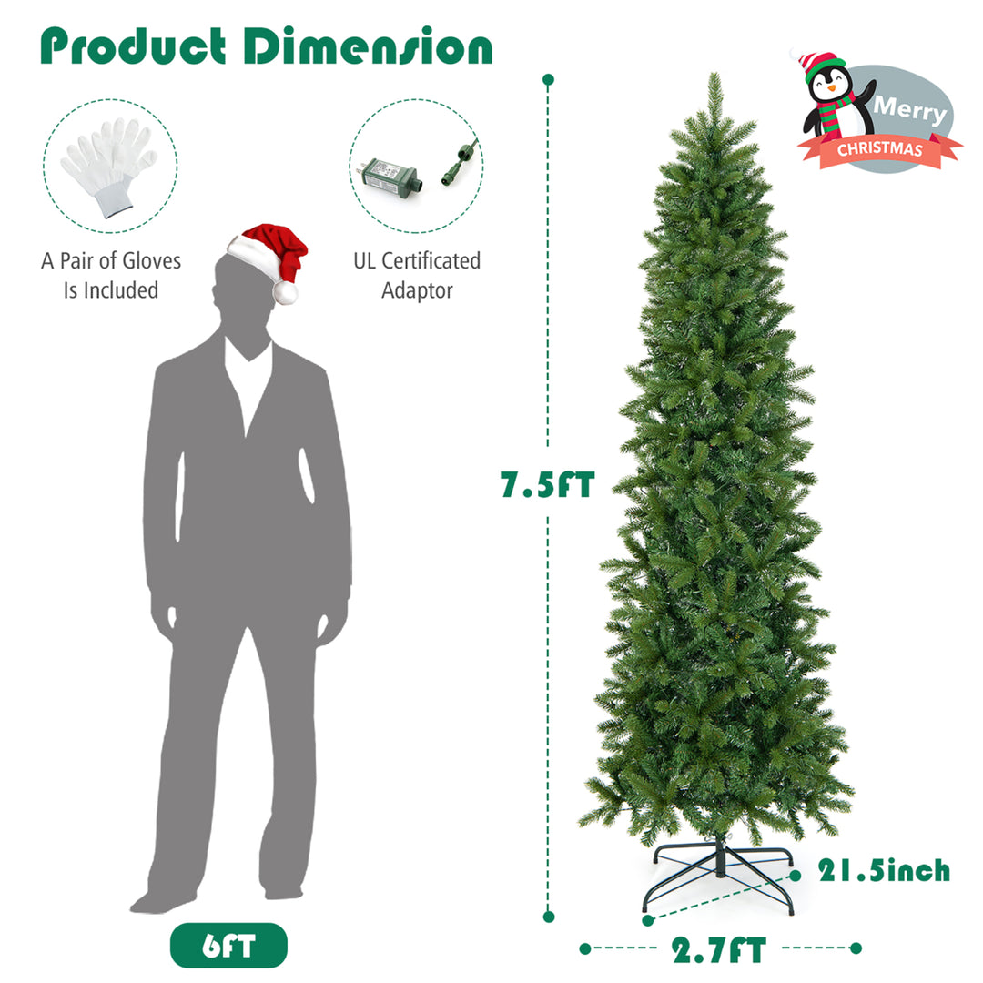 7.5FT Hinged Pre-lit Christmas Slim Pencil Tree w/ 10 Lighting Modes and 796 Tips Image 2