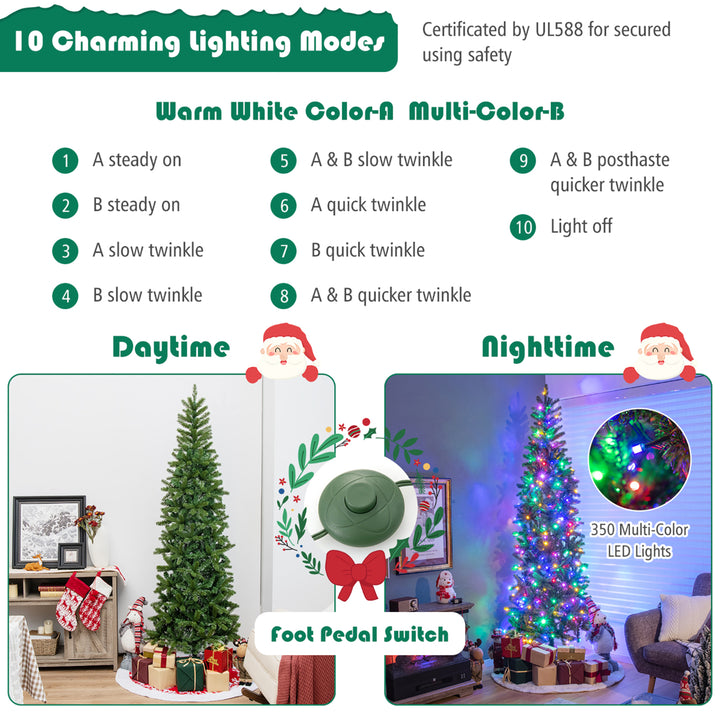 7.5FT Hinged Pre-lit Christmas Slim Pencil Tree w/ 10 Lighting Modes and 796 Tips Image 5