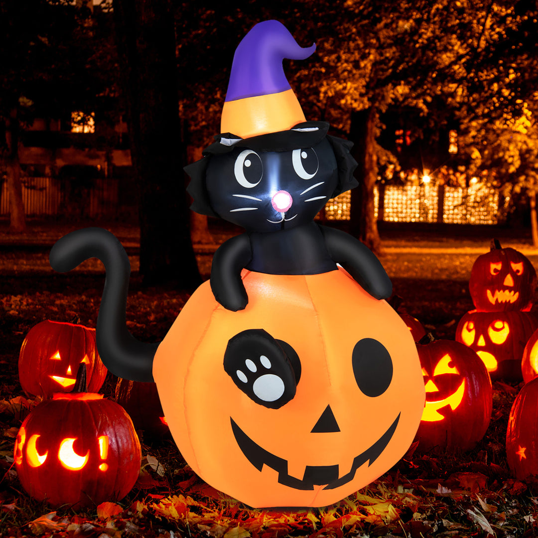 5FT Inflatable Pumpkin with Witchs Black Cat w/ LED and Sandbags Image 1