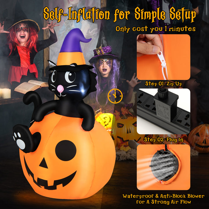 5FT Inflatable Pumpkin with Witchs Black Cat w/ LED and Sandbags Image 5