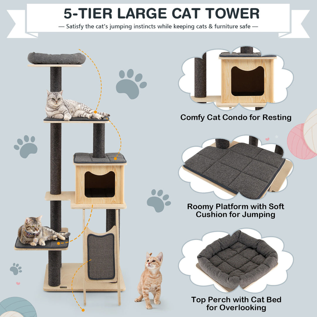 69 in Modern Wood Cat Tree 5-Tier Tall Cat Tower w/ Washable Cushions Image 5