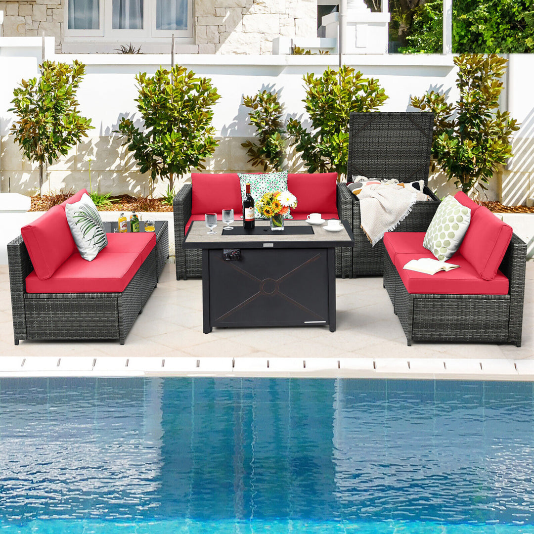 9 PCS Patio Rattan Furniture Set Fire Pit Table Storage Black W/ Cover Image 3