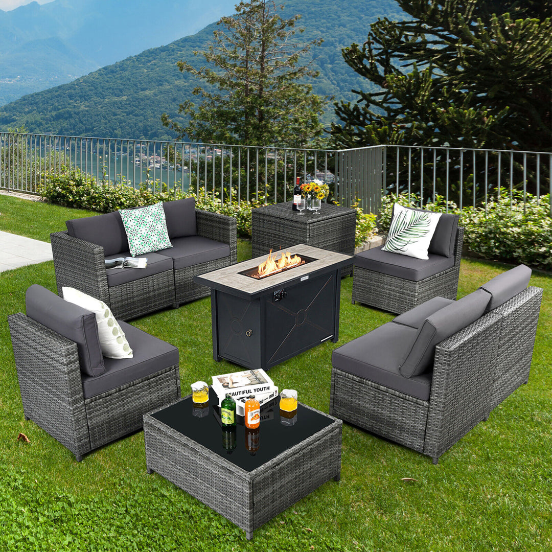 9 PCS Patio Rattan Furniture Set Fire Pit Table Storage Black W/ Cover Image 4