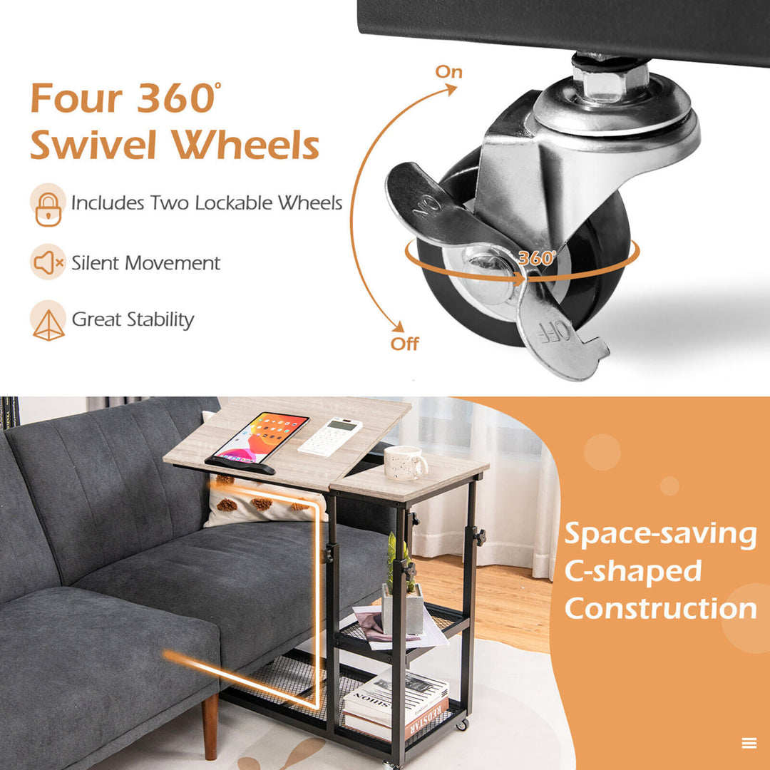 C Shaped Side Table with Wheels Height and Tabletop Adjustable Storage Shelf Image 7