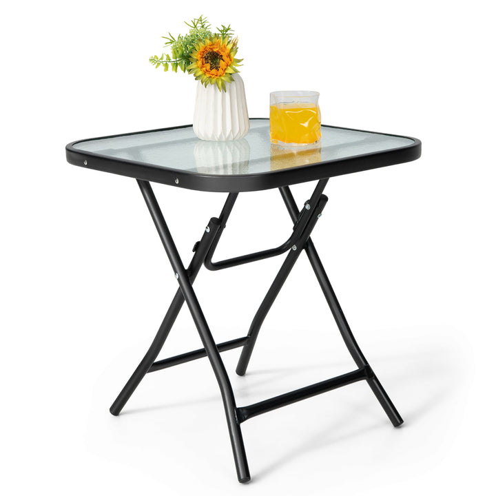 18 Foldable Patio Side Table Square Coffee Bistro Table w/ Tempered Glass Table Top Image 1