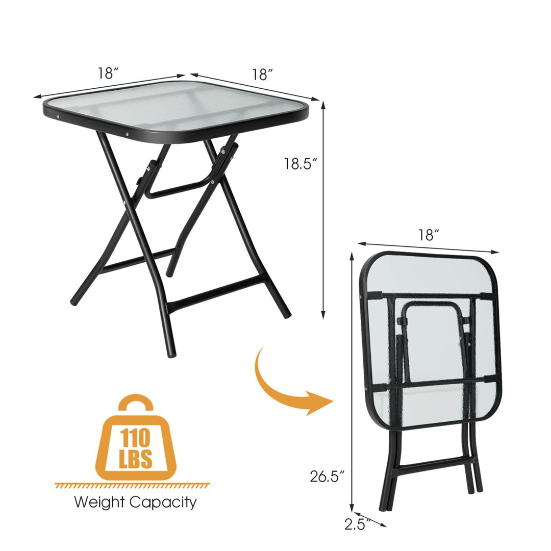 18 Foldable Patio Side Table Square Coffee Bistro Table w/ Tempered Glass Table Top Image 2