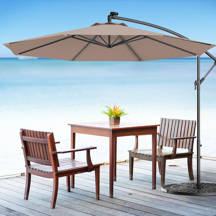 10 Hanging Solar LED Umbrella Patio Sun Shade Offset Market W/Base Tan Image 1