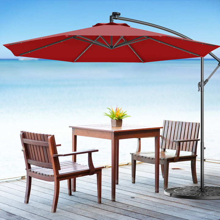 10 Hanging Solar LED Umbrella Patio Sun Shade Offset Market W/Base Burgundy Image 1