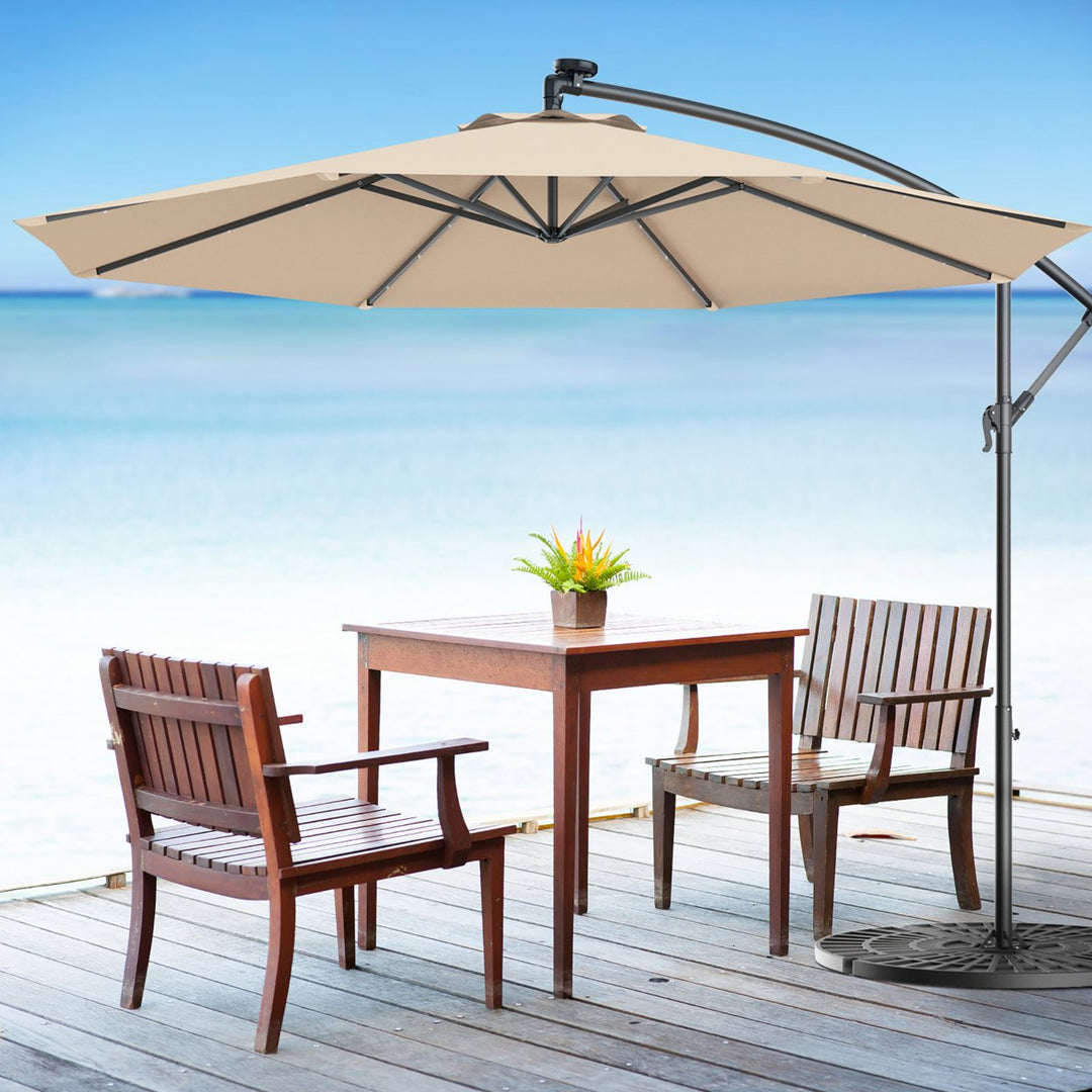 10 Hanging Solar LED Umbrella Patio Sun Shade Offset Market W/Base Beige Image 1