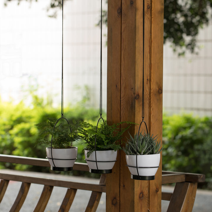 Decorative Metal Hanging Planter with Tree Pots for Flowers, White and Black Image 6