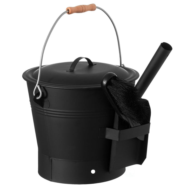 Black Iron Ash Bucket with Lid and Wood Handle Shovel for Fire Pit Stove Grill Image 1