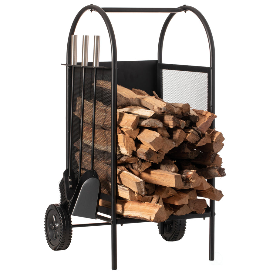 Iron Firewood Log Cart with Wheels Black 17.25" Indoor Outdoor Tool Set Image 1