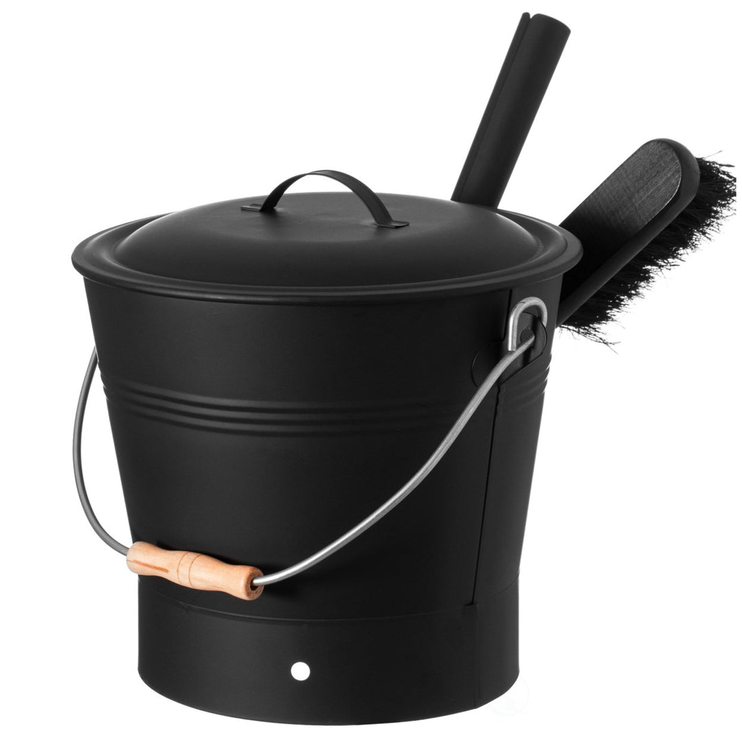 Black Iron Ash Bucket with Lid and Wood Handle Shovel for Fire Pit Stove Grill Image 3