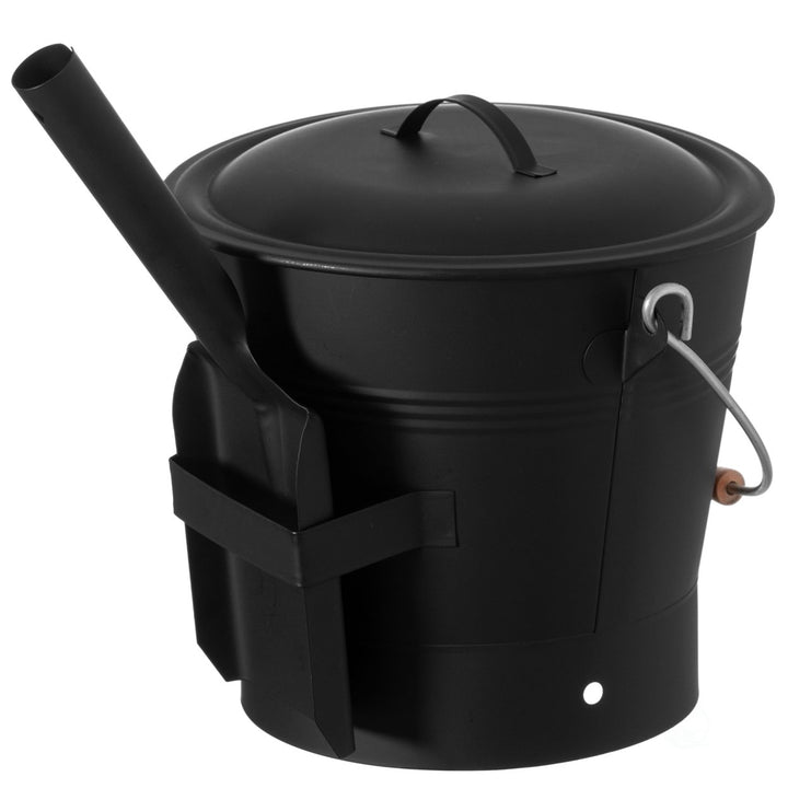 Black Iron Ash Bucket with Lid and Wood Handle Shovel for Fire Pit Stove Grill Image 5