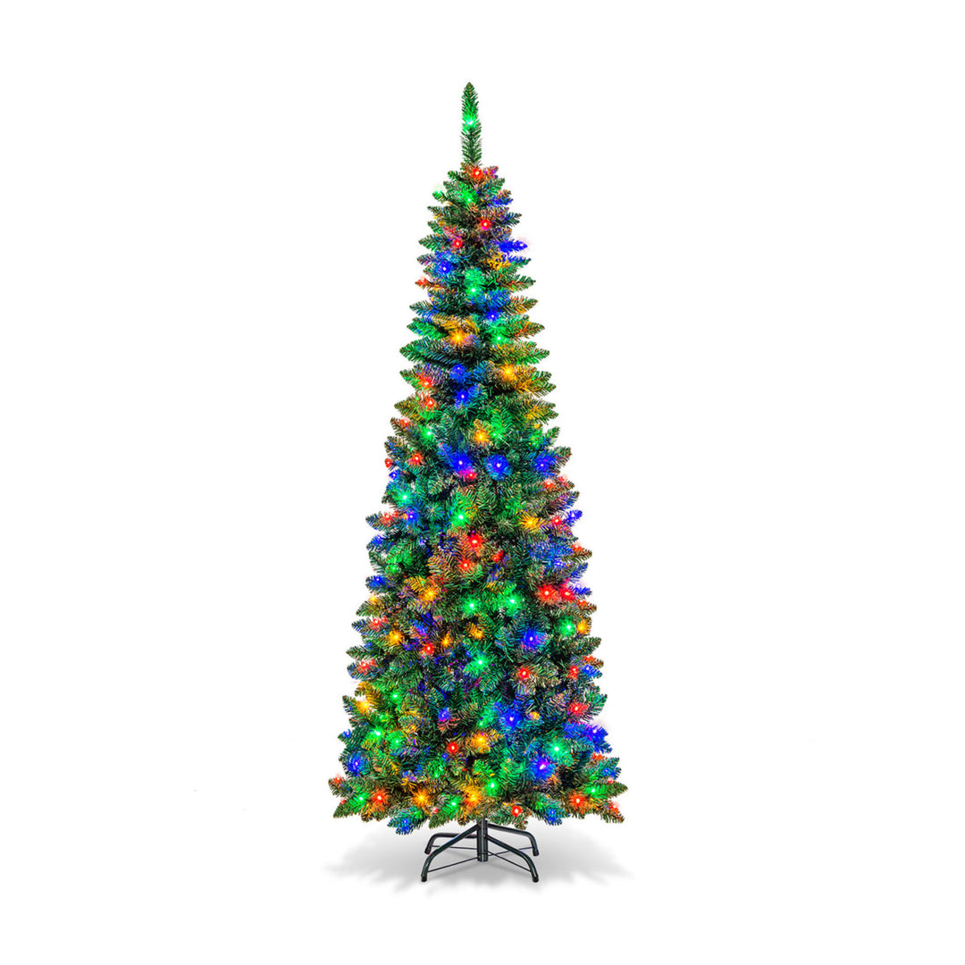 7.5ft Pre-Lit Pencil Christmas Tree Hinged PVC Tree w/ 350 Colorful LED Lights Image 1