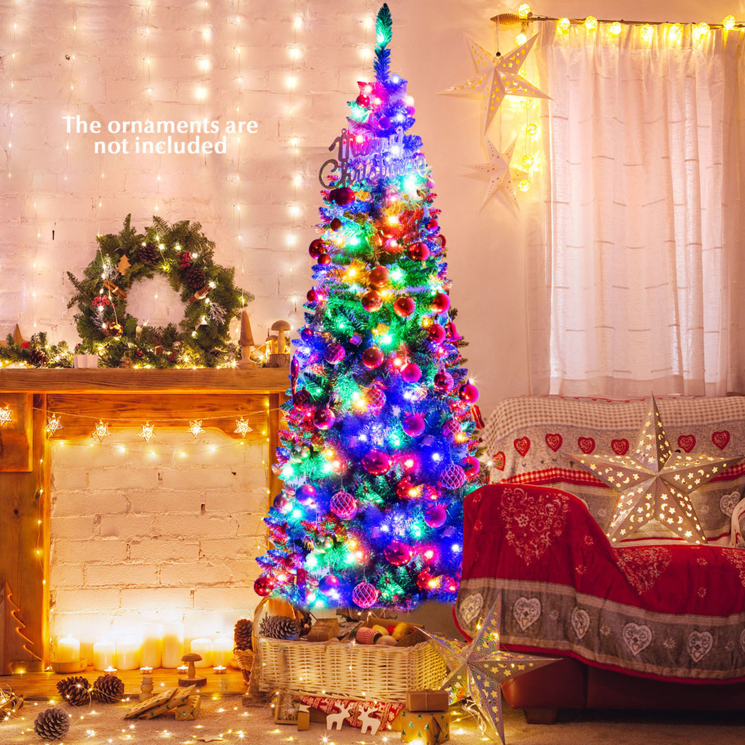 7.5ft Pre-Lit Pencil Christmas Tree Hinged PVC Tree w/ 350 Colorful LED Lights Image 3