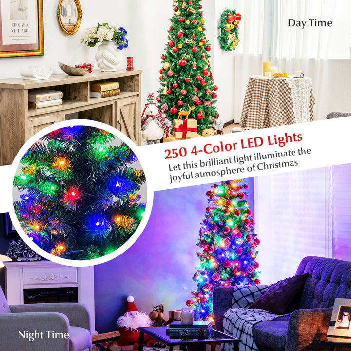 7.5ft Pre-Lit Pencil Christmas Tree Hinged PVC Tree w/ 350 Colorful LED Lights Image 8