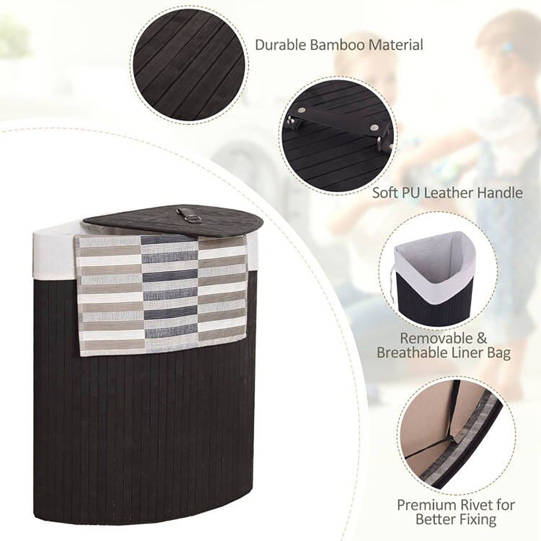 Corner Bamboo Hamper Laundry Basket Washing Cloth Bin Storage Bag Lid Black Image 6