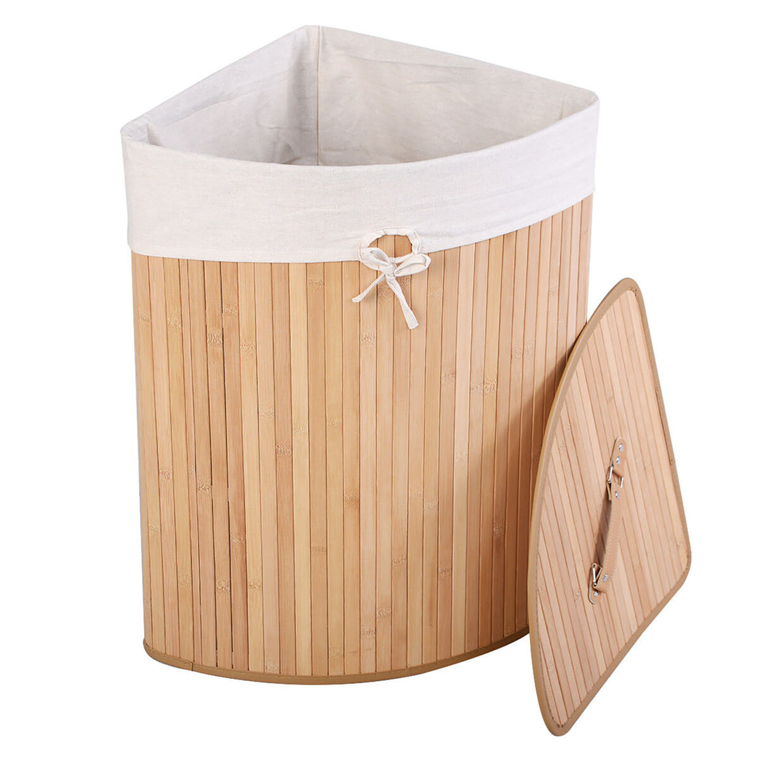 Corner Bamboo Hamper Laundry Basket Washing Cloth Bin Storage Bag Lid Natural Image 1