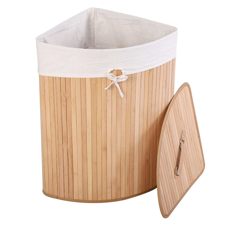 Corner Bamboo Hamper Laundry Basket Washing Cloth Bin Storage Bag Lid Natural Image 1