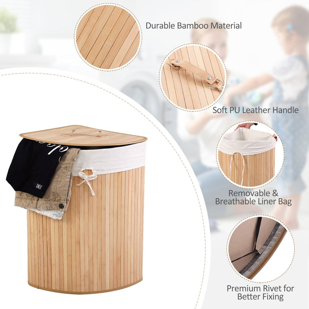 Corner Bamboo Hamper Laundry Basket Washing Cloth Bin Storage Bag Lid Natural Image 6