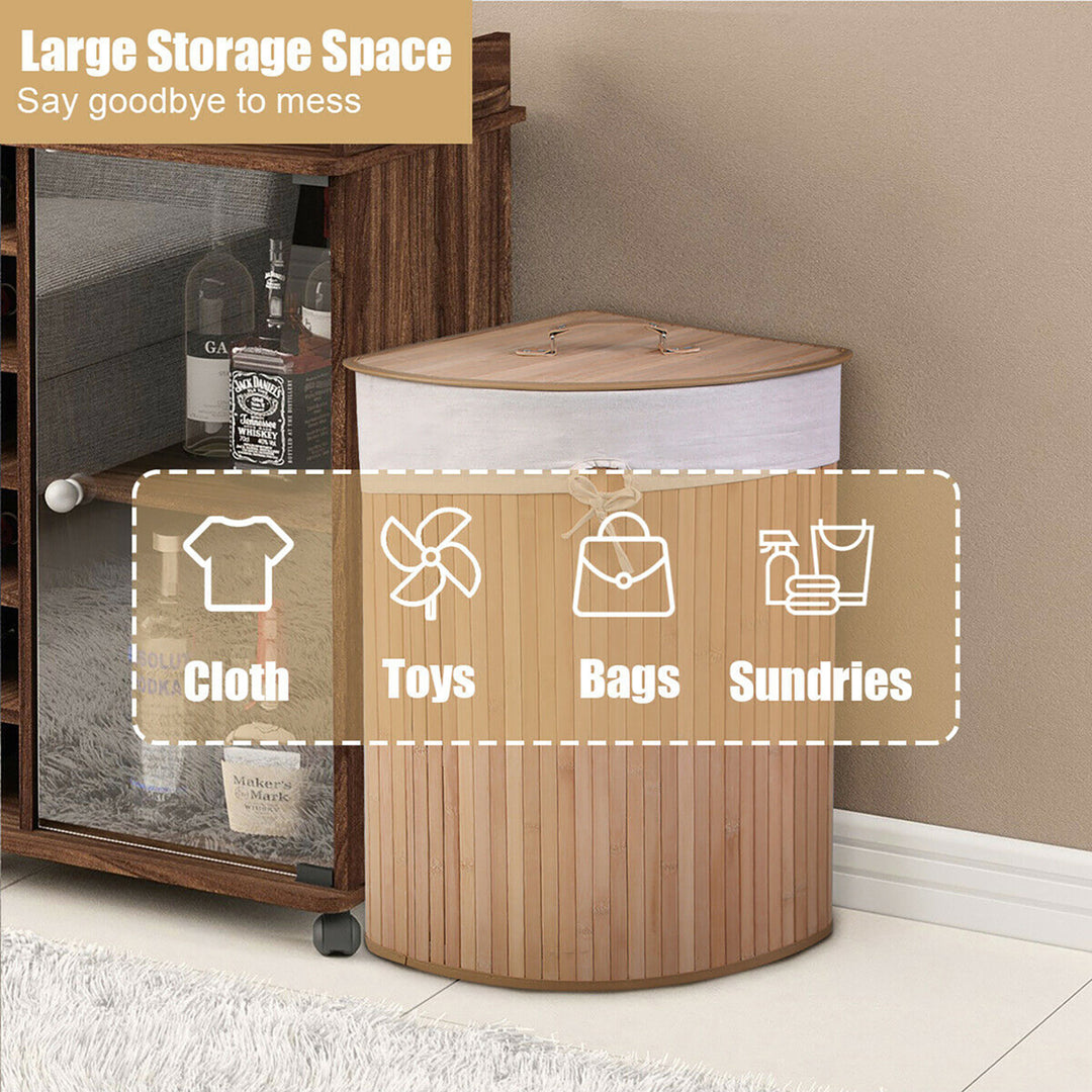 Corner Bamboo Hamper Laundry Basket Washing Cloth Bin Storage Bag Lid Natural Image 7