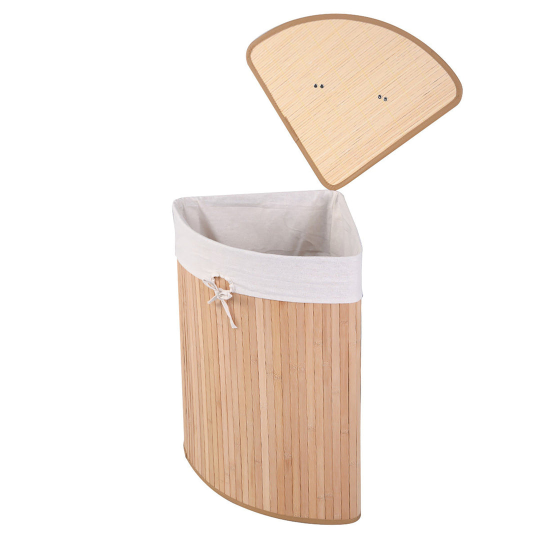 Corner Bamboo Hamper Laundry Basket Washing Cloth Bin Storage Bag Lid Natural Image 9